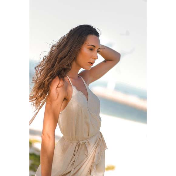 Resort Midi Wrap Dress by T. ZOVICH Linen Sleeveless Beige Raw Hem Ecofriendly - Picture 13 of 16